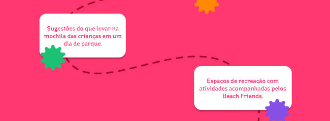 Espaços de recreação com atividades acompanhadas pelos Beach Friends. Sugestões do que levar na mochila das crianças em um dia de parque.